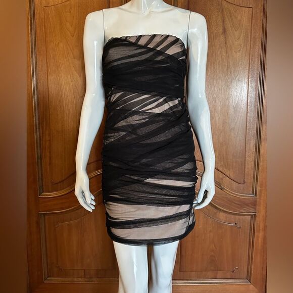 TULLE Strapless Dress Black Mesh Pink Lining Size M Party Wedding Night Out - Picture 8 of 13